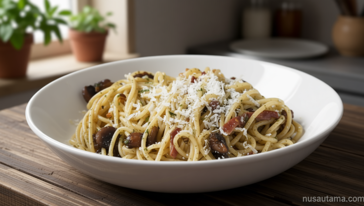 Resep Aglio e Olio Mushroom Smoked Beef, Pasta Sederhana dengan Rasa Gurih yang Elegan